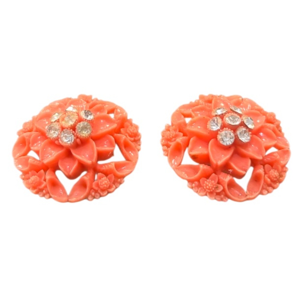 Vintage Earrings Clip On Coral Celluloid Flower Victorian MCM Vintage Jewelry - Picture 9 of 15